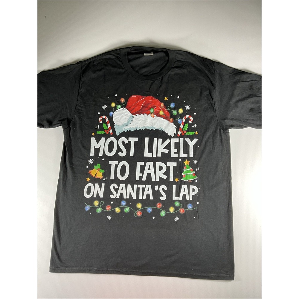 Port & Co Funny Christmas "Most Likely to Fart on Santa's Lap" Tee Black Sz L
